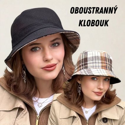 Oboustranný černý klobouk - Bucket hat - UNI -károvaný P-22172-CERN