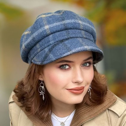 John Hanly Dámská zimní čepice s kšiltem 100% vlna - modrá kostka Ba-31460876-278 -fm