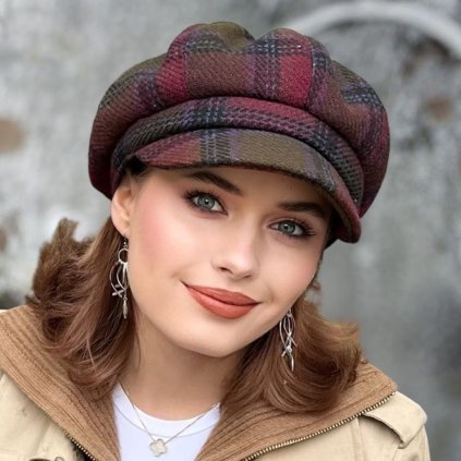 8-dílna dámská bekovka Krumlovanka - Newsboy Cap - károvaný tvíd - fuchsie - khaki Me-B018