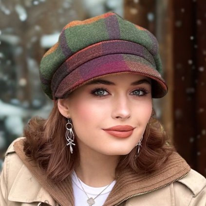 ohn Hanly Dámská zimní čepice s kšiltem 100% vlna - kostka - tartan Ba-31460876-194-nf