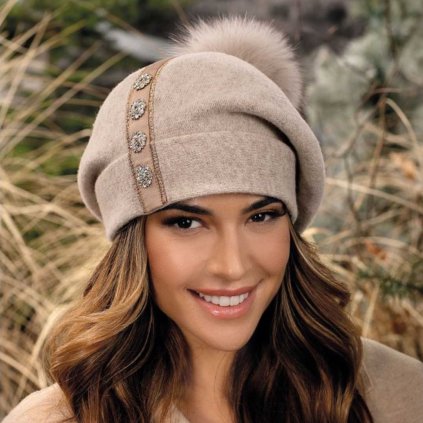 Krumlovanka Zimní dámská čepice s bambulí 100% vlna Woolmark  béžová melanž W-0818/960 BBZ