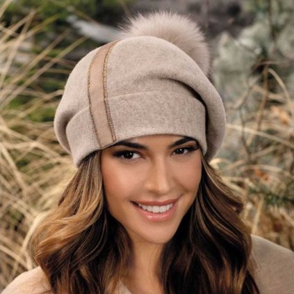 Krumlovanka Zimní dámská čepice s bambulí 100% vlna Woolmark  béžová melanž W-0818/960 BBZ