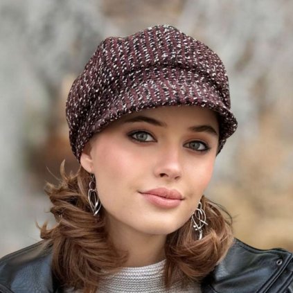 Dámská zimní čepice s kšiltem - vínový vlněný tvíd Ba-31407351-100