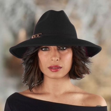 Dámský černý klobouk plstěný Fedora s širší krempou 100% vlna -Made in Italy Co-P-006