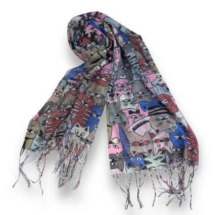 Dámský šátek s kočičím vzorem – jarní 180 x 70 cm - šedý modrý WO-008