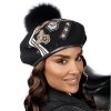 Dámský vlněný baret podšitý flísem s koženkovým  páskem zdobením a bambulí černý