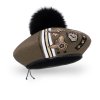Dámský vlněný baret podšitý flísem s koženkovým  páskem zdobením a bambulí khaki