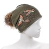 Dámská čepice s bambulí a ptáčky W-0096/671 khaki