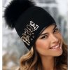Černá dámská čepice s bambulí  a zlatým nápisem W-0780/018