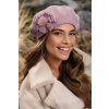 Starorůžový zimní dámský baret zdobený mašlí a srstěnou bambulkou W-0805