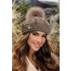 Luxusní hnědý zimní baret s bambulí zdobený bižuterií W-0807