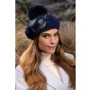 Modrý dámský baret s bambulí a výšivkou kolibříka W-0825/161