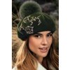 Tmavě zelený baret s bambulí a výšivnou W-0835/484
