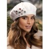 Krumlovanka Bílý dámský baret 100%vlna Woolmark W-0840/000 ozdobený