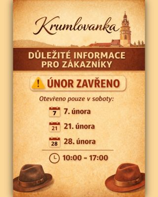ℹ️V únoru bude provozovna zavřená 🎩Otevřeno bude pouze v těchto sobotách: 📅 7. 2. | 21. 2. | 28. 2. ⏰ 10:00–17:00...
