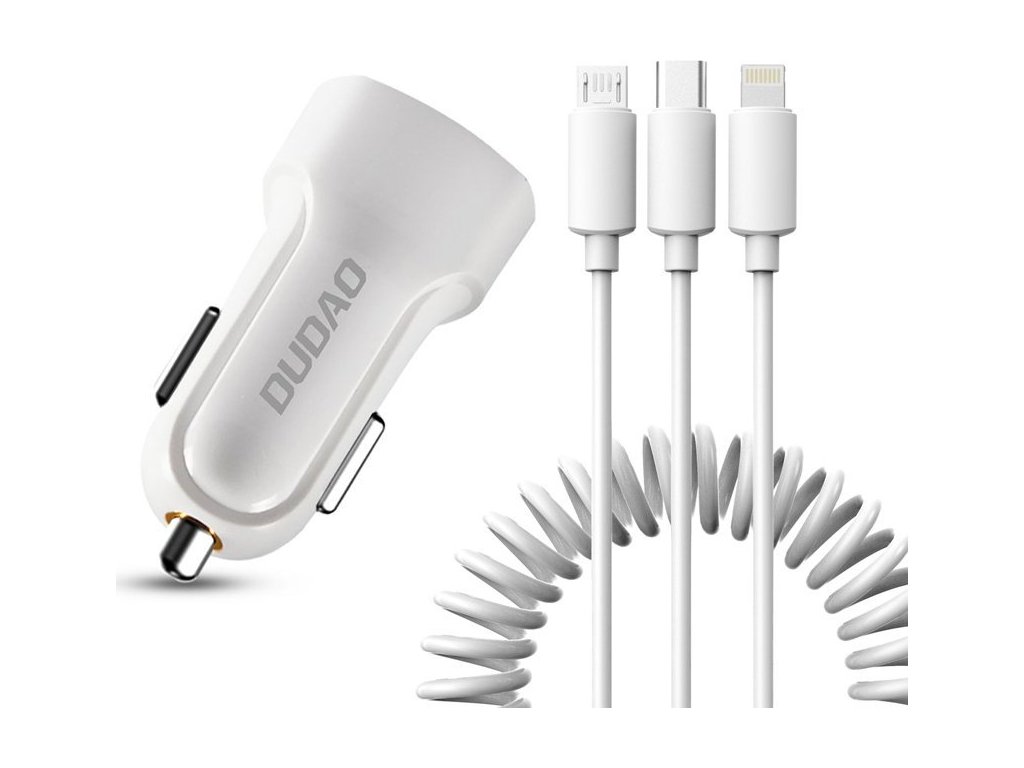Autonabíječka Dudao 2x USB 2.4A + kabel USB 3v1 Lightning / Type-C / micro USB kabel bílý (R7 bílý)
