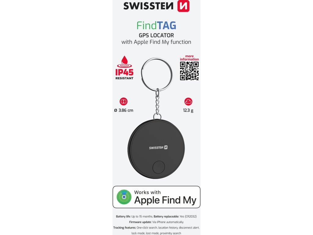 SWISSTEN FIND TAG CHYTRÝ LOKÁTOR S FUNKCIOU APPLE FIND MY ČIERNY