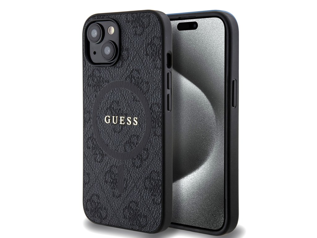 Guess PU Leather 4G Colored Ring MagSafe Zadní Kryt pro iPhone 15 Black