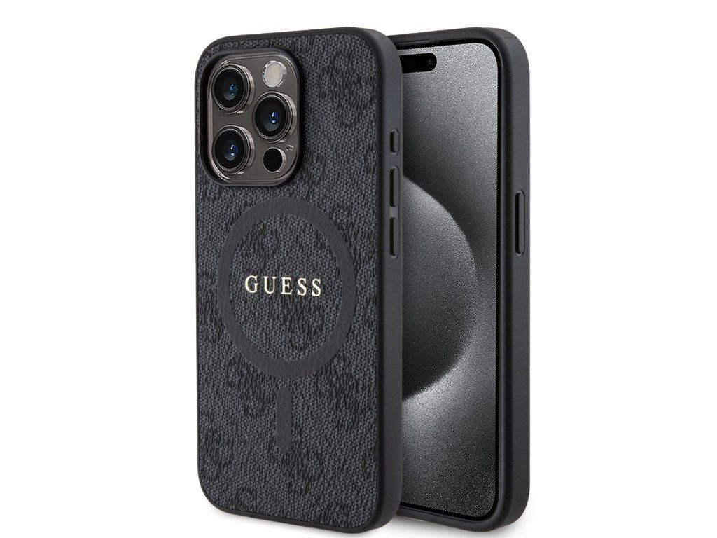 Guess PU Leather 4G Colored Ring MagSafe Zadný Kryt pre iPhone 15 Pro Black
