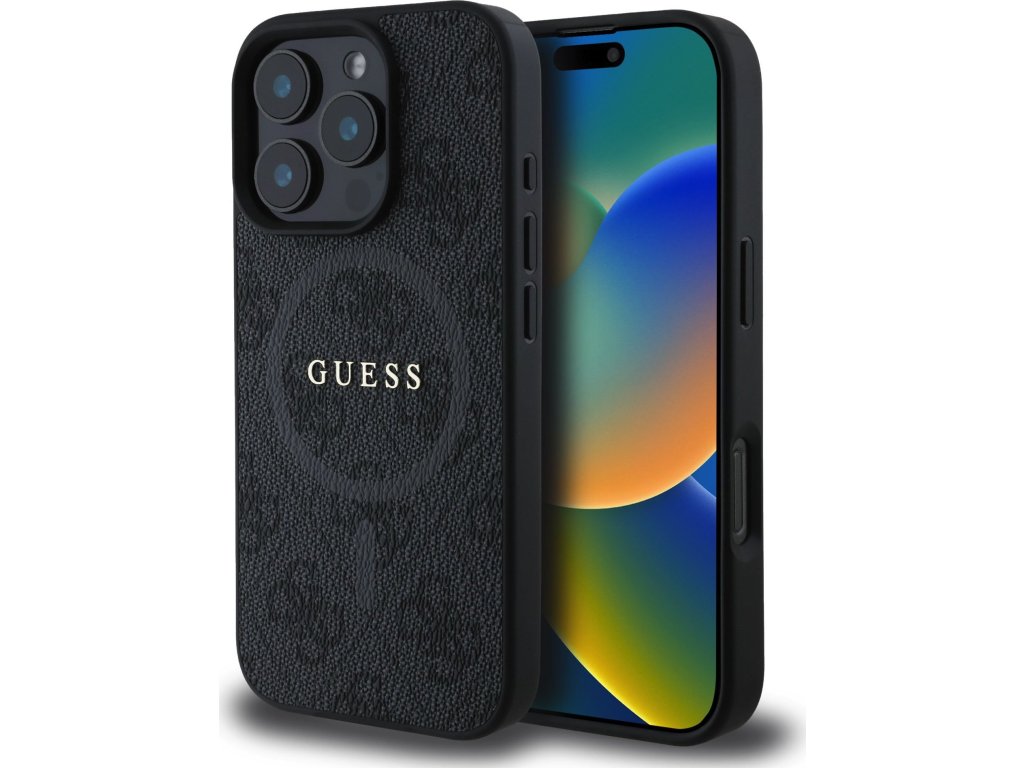 Guess PU Leather 4G Colored Ring MagSafe Zadní Kryt pro iPhone 16 Pro Black