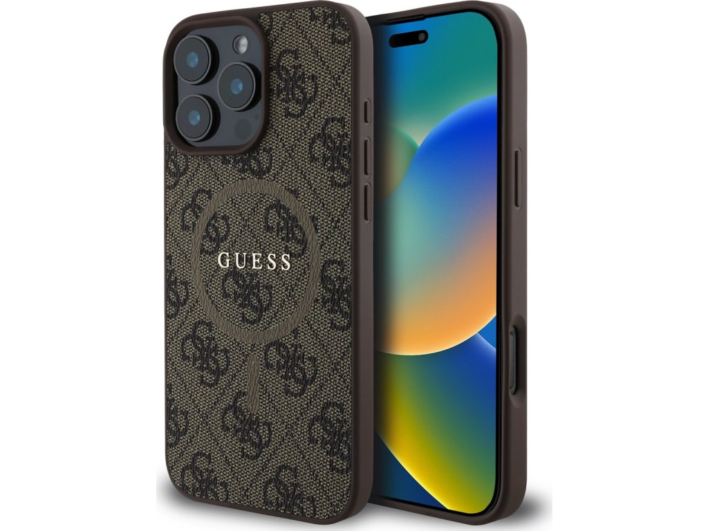 Guess PU Leather 4G Colored Ring MagSafe Zadní Kryt pro iPhone 16 Pro Brown