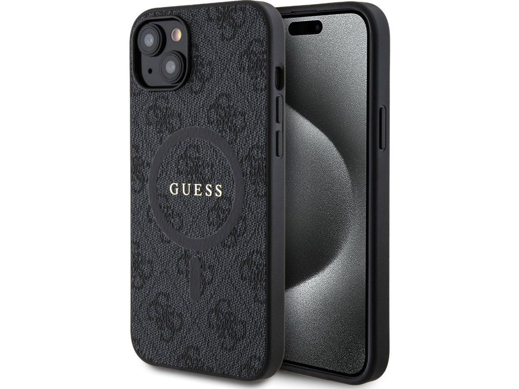 Guess PU Leather 4G Colored Ring MagSafe Zadní Kryt pro iPhone 15 Plus Black