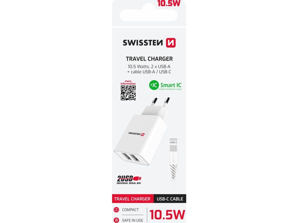 SWISSTEN SIEŤOVÝ ADAPTÉR SMART IC 2x USB 2,1 A POWER + DÁTOVÝ KÁBEL USB / TYPE C 1,2 M BIELÝ
