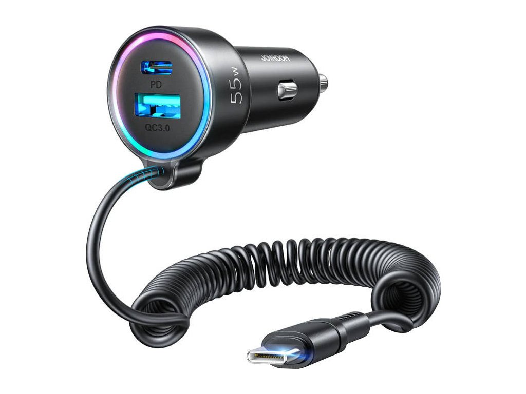 Nabíječka do auta Joyroom JR-CL07, 3 v 1, 1x USB + 1x PD, 55W + kabel Type-C (černá)