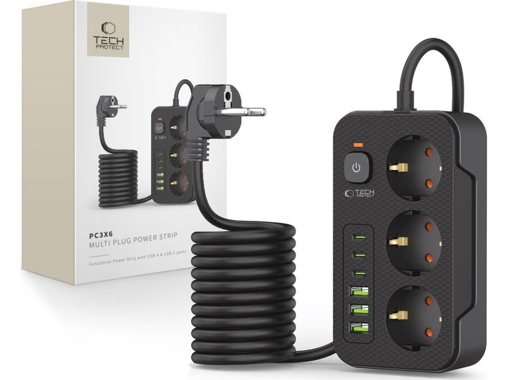 TECH-PROTECT PC3X6 POWER STRIP 3 USB & 3 TYPE-C & 3 SOCKET 200CM BLACK