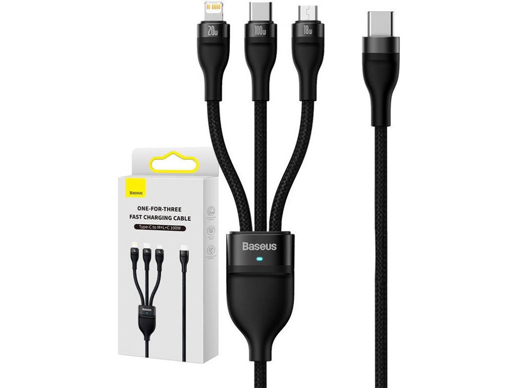 Kabel USB 3v1 Baseus Flash Series 2, USB-C + micro USB + Lightning, 100 W, 1,5 m (černý) - Kryteo.cz