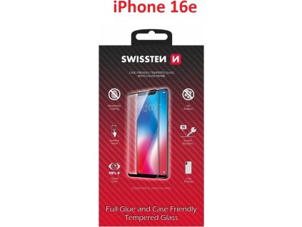 SKLO SWISSTEN FULL GLUE, COLOR FRAME, CASE FRIENDLY PRO APPLE IPHONE 16e / 17e ČERNÉ