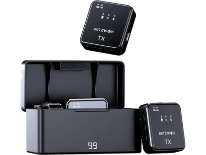 2x Bezdrôtový mikrofón BlitzWolf, BW-SX63, 1000mAh s nabíjacím puzdrom a prijímačom (čierny)