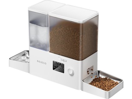 Rojeco 2 v 1 Fontána na vodu pro domácí mazlíčky 3,5 l a krmítko 5 l Button Verson (bílá)