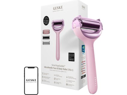 Mikrojehličkový váleček / derma roller na obličej a tělo 9v1 Geske s aplikací (růžový)