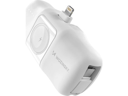 Wozinsky WF16-YLS 5000mAh 15W Lightning Mini Powerbanka s vestavěným kabelem USB-C a nabíječkou pro Apple Watch - bílá