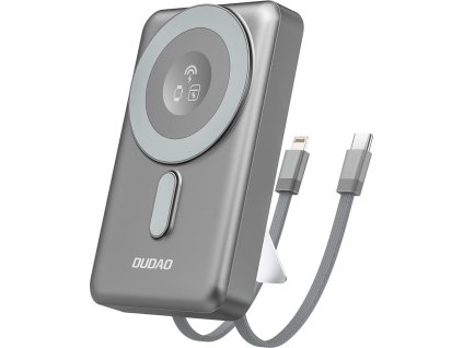 Dudao K29 10000mAh PD 20W MagSafe powerbanka s kovovým puzdrom, stojanom a vstavanými káblami USB-C/Lightning - sivá