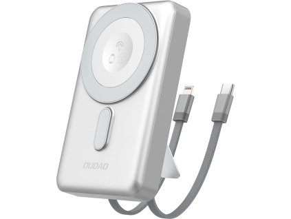 Dudao K29 10000mAh PD 20W MagSafe powerbanka s kovovým puzdrom, stojanom a vstavanými káblami USB-C/Lightning - strieborná