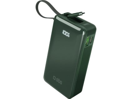 Powerbanka SBS 10000 mAh 20W so vstavaným USB-C káblom a digitálnym displejom - zelená