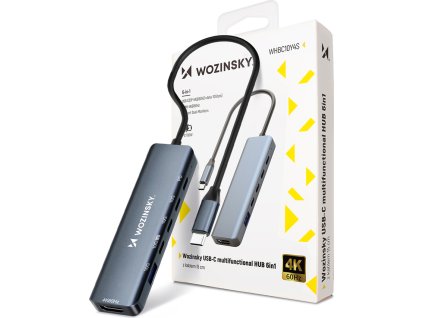 USB-C Hub 6 v 1 Wozinsky WHBC10Y4S Multifunkční, hliníkový, s 25cm kabelem - šedý