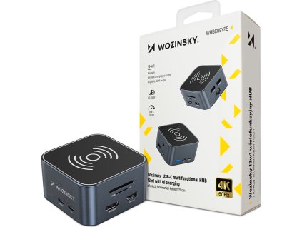Hub USB-C 12 v 1 Wozinsky WHBC09Y8S multifunkční, s funkcí bezdrátového nabíjení, hliníkový, s 15cm kabelem - šedý