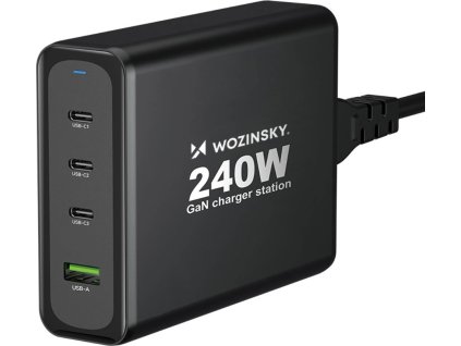 Nabíjačka GaN Wozinsky WGCSB 240W USB-A / 3 x USB-C do steny - čierna