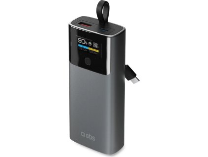 Powerbanka SBS 10000mAh PD 20W s LCD displejom a vstavaným káblom USB-C - sivá