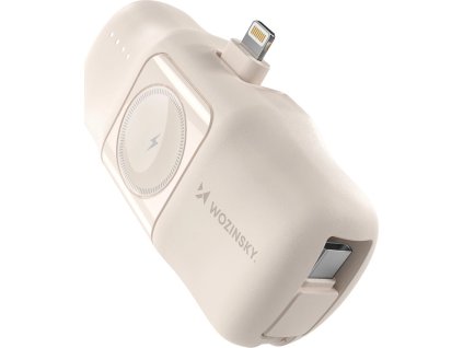 Wozinsky WF16-YLS 5000mAh 15W Lightning Mini Power Bank so vstavaným káblom USB-C a nabíjačkou pre Apple Watch - béžová