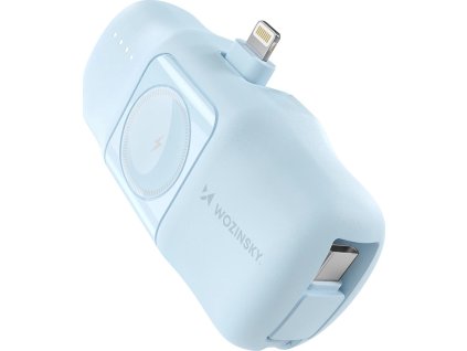 Wozinsky WF16-YLS 5000mAh 15W Lightning Mini Power Bank so vstavaným káblom USB-C a nabíjačkou pre Apple Watch - modrá