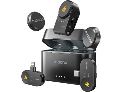 Mikrofon Maono WM650 A3 (2 x mikrofon + 1x USB-C adaptér + 1x Lightning adaptér pro iPhone a další telefony + 1x adaptér pro kamery + nabíjecí pouzdro)