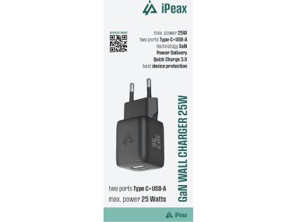 iPEAX GaN SIEŤOVÁ NABÍJAČKA 25W (USB-C + USB-A) ČIERNA