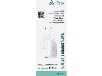 iPEAX GaN SIEŤOVÁ NABÍJAČKA 45W (USB-C + USB-A) BIELA