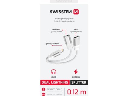 NABÍJECÍ AUDIO ADAPTÉR SWISSTEN TEXTILE LIGHTNING (samec) / 2x LIGHTNING (samice) 0,12 M BÍLÝ