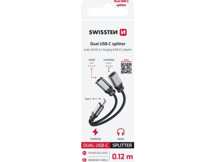 NABÍJECÍ AUDIO ADAPTÉR SWISSTEN TEXTILE USB-C (samec) / USB-C (samice) a 3,5mm AUX 0,12 M ČERNÝ