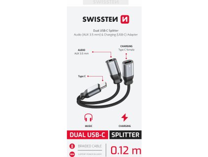 NABÍJACÍ AUDIO ADAPTÉR SWISSTEN TEXTILE USB-C (samec) / USB-C (samica) a 3,5mm AUX 0,12 M ČIERNY